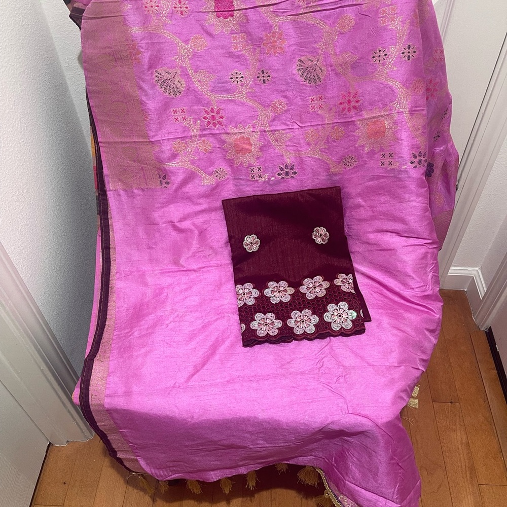 Pink and Maroon woven crepe muga  benarsi saree